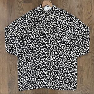 Vintage Ditsy Floral Print Long Sleeve Crepe Shirt Jacket Navy and Cream Medium